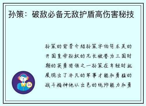 孙策：破敌必备无敌护盾高伤害秘技
